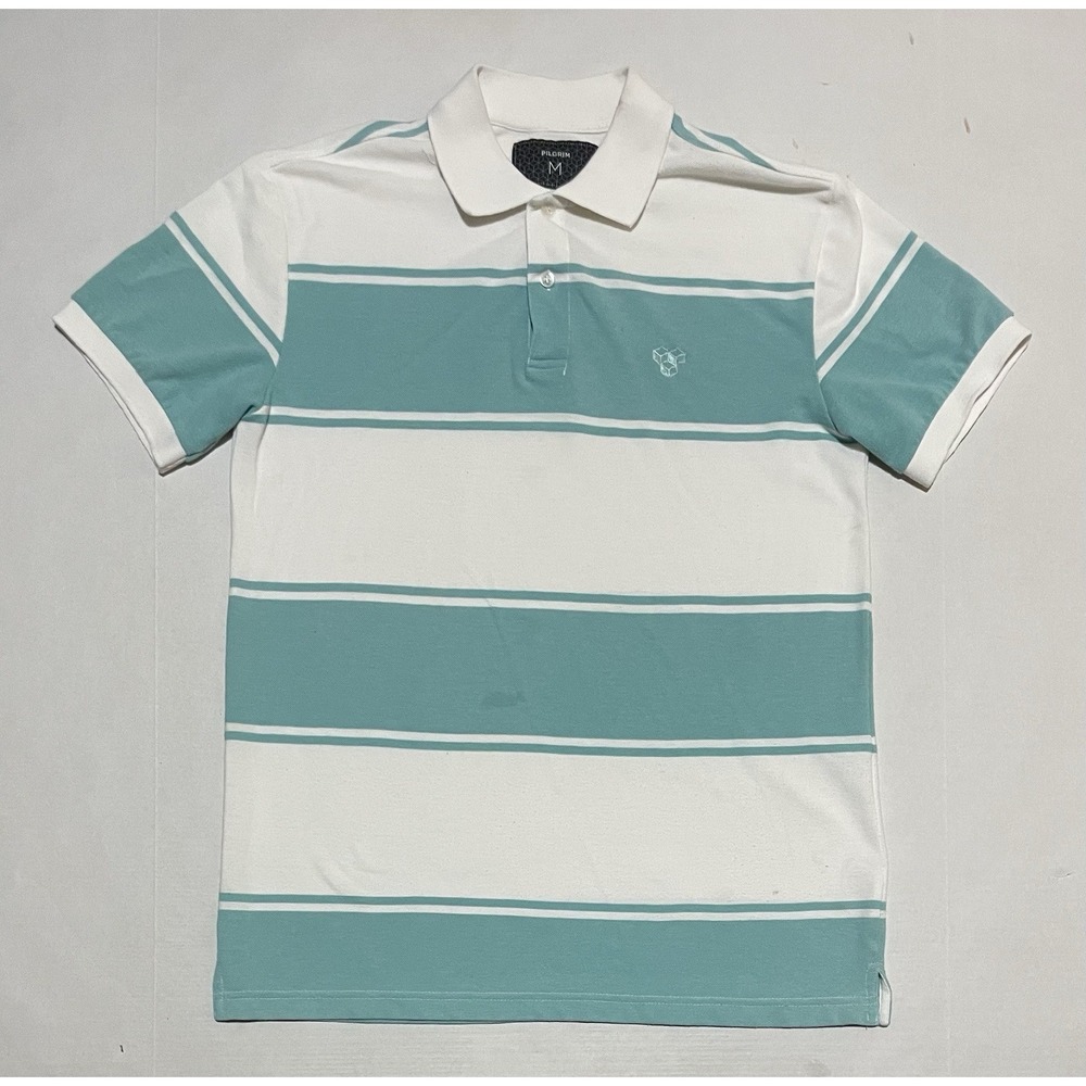 Pilgrim Polo Shirt Mens Size Medium White Green Stripes Golf Outdoor Short Sleev